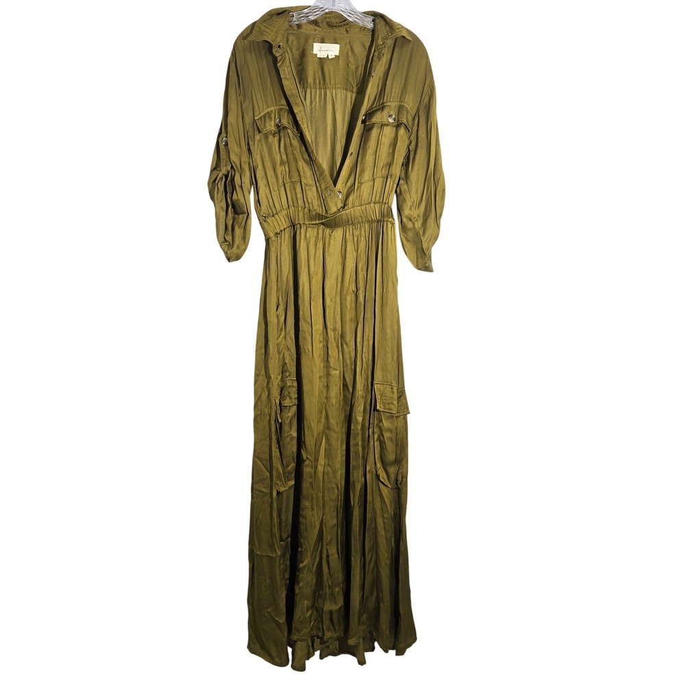 Anthropologie S Utility Satin Jumpsuit Olive Green Button Front Cargo Pocket‎
